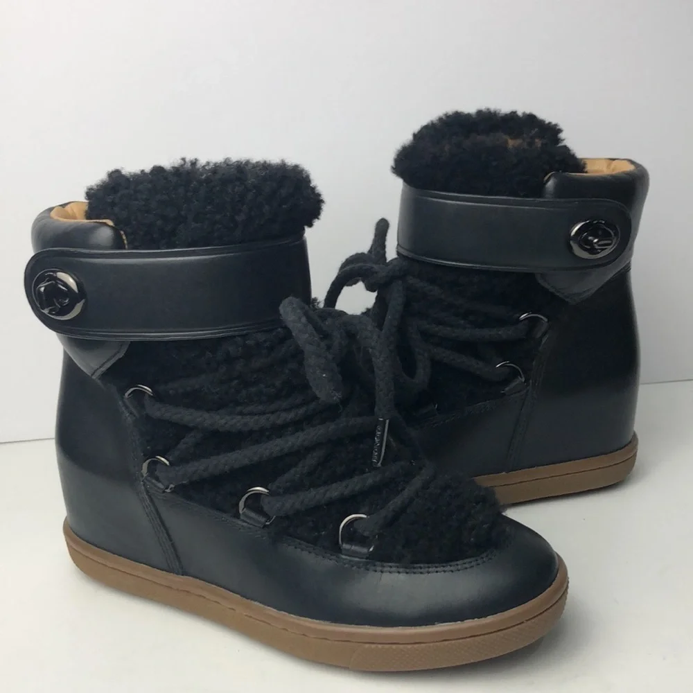 Coach Monroe Black Leather Shearling Ankle Wedge Boots 6